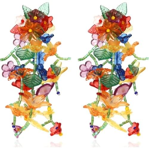 Fashion Exaggerated Colorful Flower Dangle Earrings For Women Acrylic Bohemia Handmade Knitted Drop Earrings Elegant Jewelry