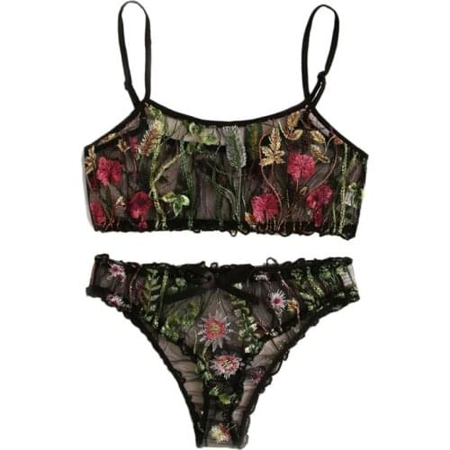 Fashion bra set Womens sexy Embroidery lingerie Wire free transparent lingerie Mesh Sheer Lingerie Set bh Lingerie set