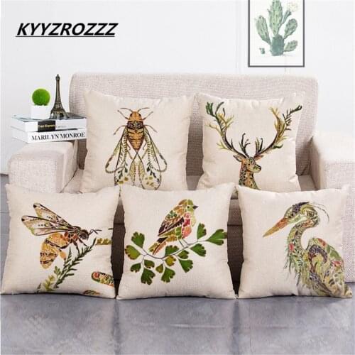 Deer Seahorse Bee Cushion Cover Decorative Throw Pillows Colorul Insect Watercolor Pattern Cotton Linen Cushion Bull Terrier