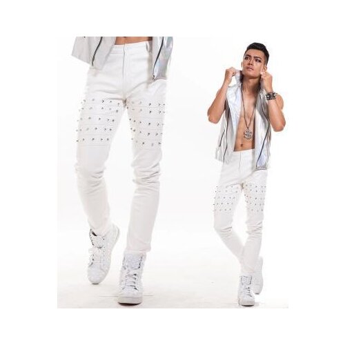 Autumn White rivet pu leather pants men hip-hop 1 pants man singer stage leather trousers splice mens pants Provide custom