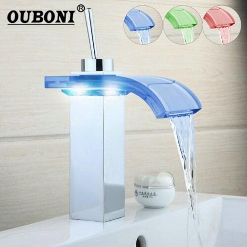 OUBONI Tall Bathroom Faucet Waterfall Glass Waterfall Brass Basin Faucet Bathroom Mixer Tap Deck Mounted Basin Sink Mixer Tap