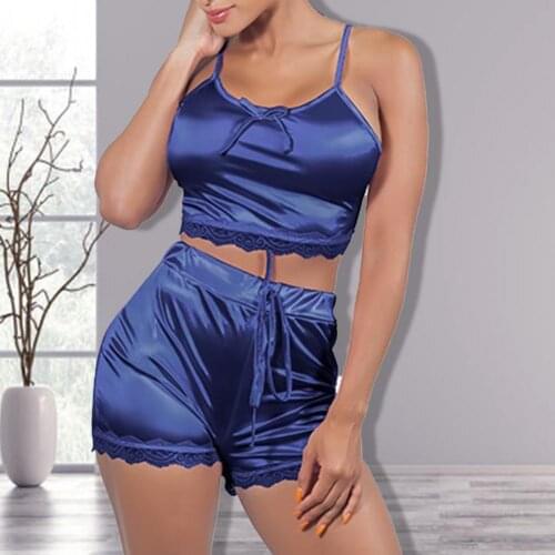 Summer Sexy Women Pajama Set Spaghetti Strap Lace 2 Piece Solid Color Sleepwear Nightgown Sleeveless Sleeping Nighty Set