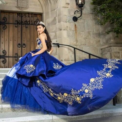 Royal Blue Quinceanera Dresses Mexican Gold Lace Sweet 16 Dress Puffy Taffeta Ball Gown Prom Dresses Corset vestido de 15 anos