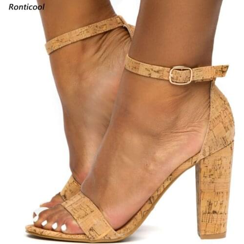 Ronticool Vintage Handmade Women Summer Sandals Cork Pattern Ankle Strap Chunky Heels Open Toe Brown Casual Shoes US Size 5-15