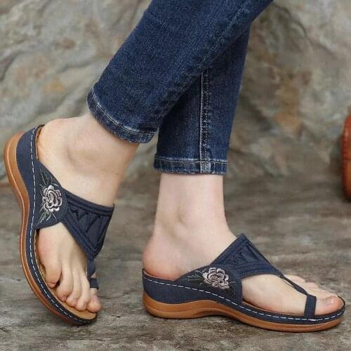 Summer Women Shoes For S-V Clip Toe Slippers 2021 Flower Embroidery Flip Flops Casual Beach Sandals Ladies Wedges Shoes