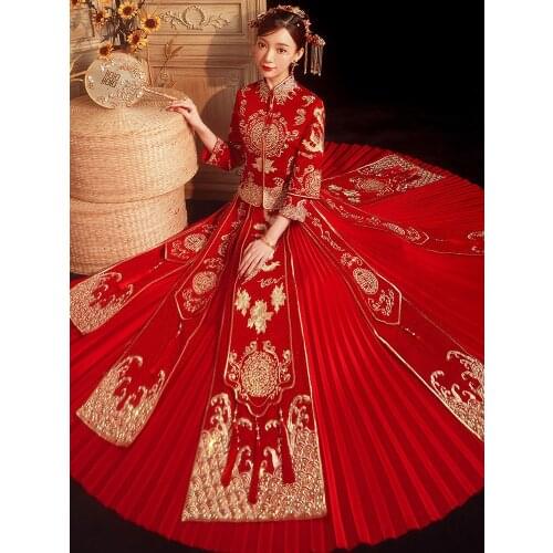 Traditional Chinese Flower Phoenix Embroidery Cheongsam Couple Wedding Suit Elegant Bride Marry Dress китайская одежда