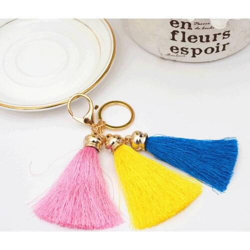 Triple Soft Ice Silk Tassel Keychain Gold Color Lobster Clip Summer Long Plush 3PCS Tassel Statement Key Chain Bag Accessories