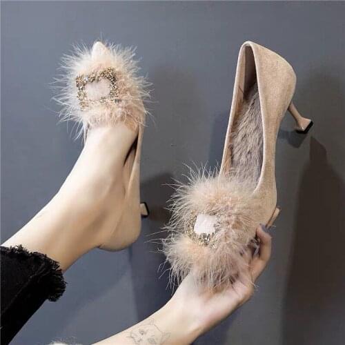French girls' high heels, womens autumn and winter temperament, apricot, velvet and hairy small fresh shoes