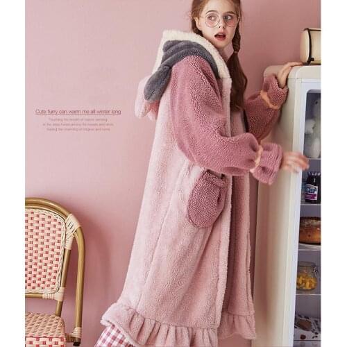 Womens Pajamas Hooded Nightgown Plush Coral Fleece Sleepwear Women Autumn and Winter Home Clothes Cartoon Mouse Thicken Pijama