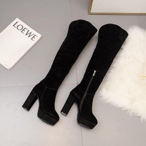 2021 Real Leather 11cm High Heel Boots Lady Overt The Knee Boots Women Shoes Thick Heels Zip Long Boots Winter Black