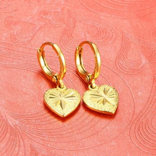 Pure Gold Color Earrings for Women Heart Dangle Earing Brincos Wedding Bridal Jewelry Accessories Bijoux Wholesale