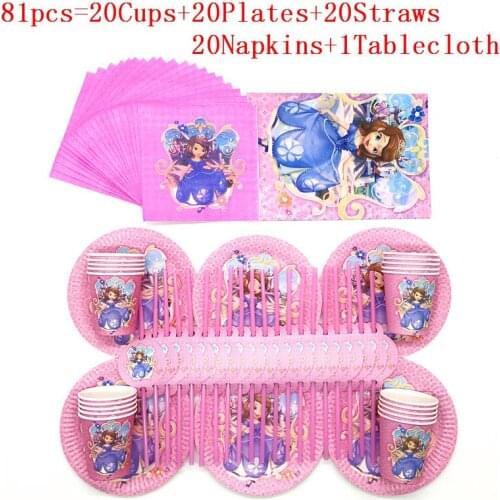 81 pcs/51 pcs Disney Sofia Princess Birthday Party Decorations kids Disposable Tableware Set Birthday Party Decorations Supplies