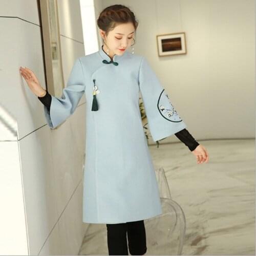 Fragrant Taste Cheongsam Chinese clothing improved Robe Winter Qipao women wool cotton overcoat Asian girls Embroidery Clothing