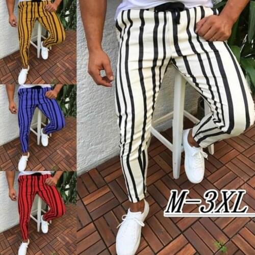 Pants Casual Men Vertical Stripes Print Elastic Waistband Pockets Long Skinny Pants