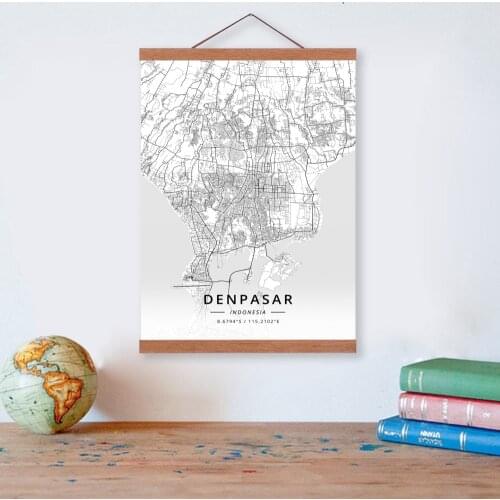 Denpasar, Indonesia City Map Wooden Framed Canvas Painting Home Decor Wall Art Print Pictures Poster Hanger