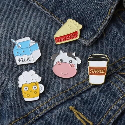 Daily Foods Enamel Pins Custom Pizza Milk Beer Coffee Cows Brooch Lapel Badge Cartoon Jewelry Gift for Kids Friends Wholesale