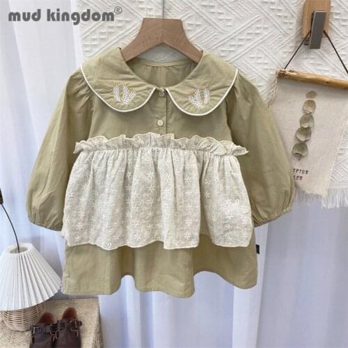 Mudkingdom Girls Dress Lace Embroidery Patchwork Print Long Puff Sleeve Turn-down Collar Dresses for Kids Drop Shoulder Clothes