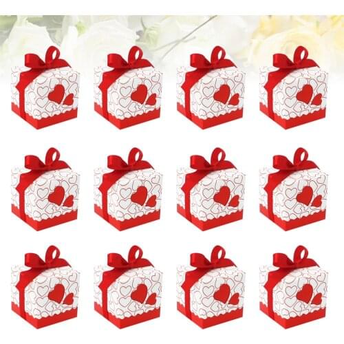 50pcs Hearts Design Candy Boxes Square Chocolate Boxes Gift Container with Ribbon for Wedding (Red)