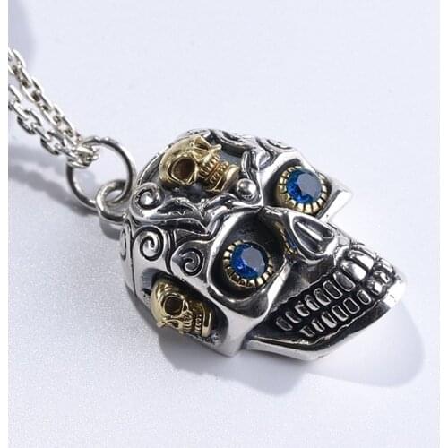 2020 new real S925 pure silver Jewelry Retro Crafts Men Inlaid Zircon Skull Pendant Thai Silver Pendant for Man