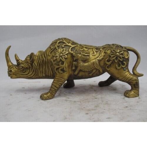 Wholesale factory Chinese Folk Fengshui Copper Bronze Kylin Flower Rhino Rhinoceros ox Statue