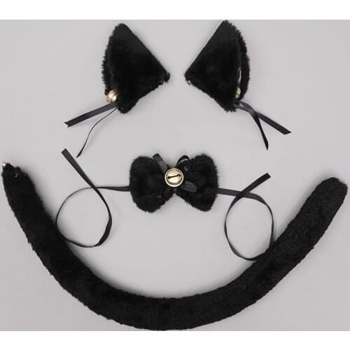 Cat Ears Cosplay Headband with Ribbon Bell Tail Collar Lolita Plush Furry Ears Cosplay Party Headwear Accessories for Women Girl