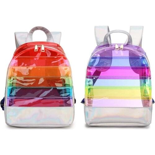 Rainbow stripe laser backpack PVC transparent contrast color leisure large-capacity childrens school bag