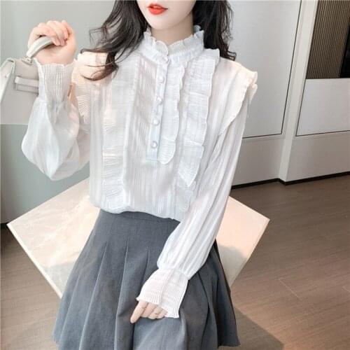 Chiffon Tuxedo Shirts Camisa Stand Neck Collar Shirts French Palace Medieval Victorian Women Stylish Trendy Tops White Blusas