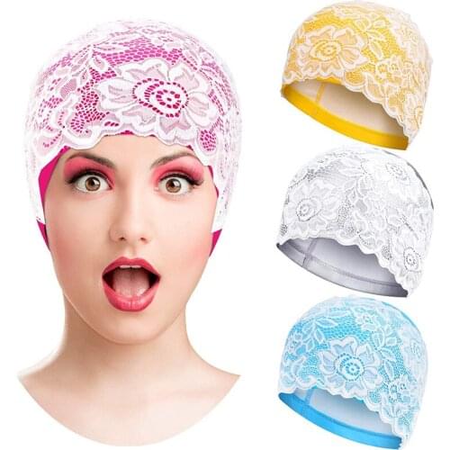 Women Swim Cap Lace Flower Swimming Cap Shower Bathing Caps Elastic Waterproof Swimming Hats for Long Short Hair