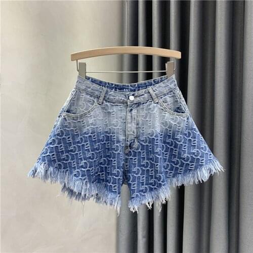 Women Blue Gradual Color Casual Wide Leg Shorts New High Waist Loose Fit Trousers Fashion Tide Spring Summer 2021