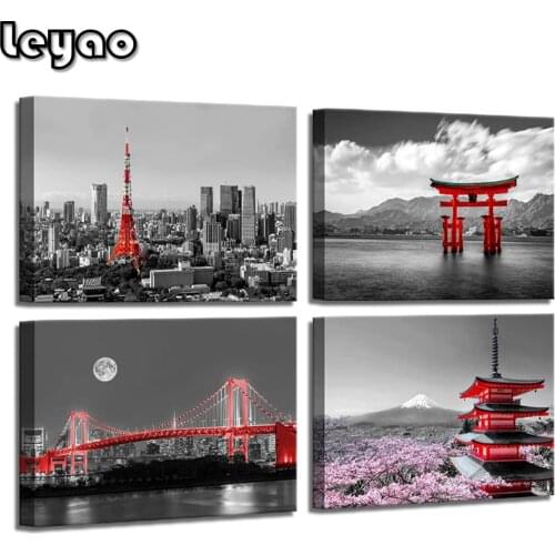 Japanese Art Evening Scenery of the Rainbow Bridge Across Tokyo Bay Tokyo Tower Gate Mt Fuji Cherry Blossom diamond painting
