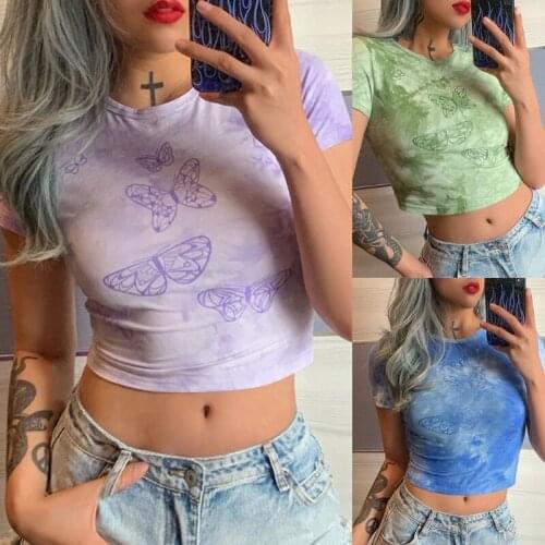 Women Summer Short Sleeve O-Neck T-Shirt Harajuku Gradient Glitter Butterfly Print Crop Top Casual Slim Fit Pullover Tee