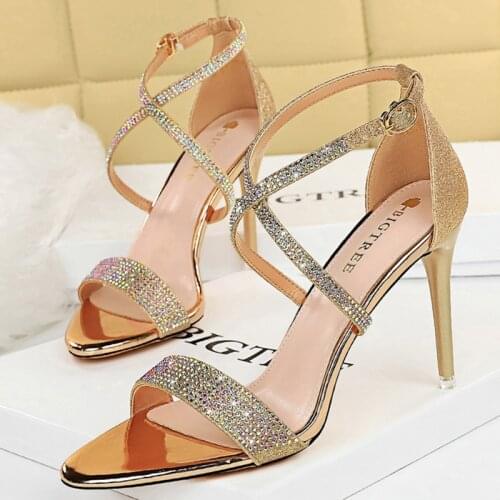 2021 Women 9.5cm High Heels Female Woman Roman Fetish Sandals Lady Gladiators Summer Stripper Platform Crystal Party Prom Pumps