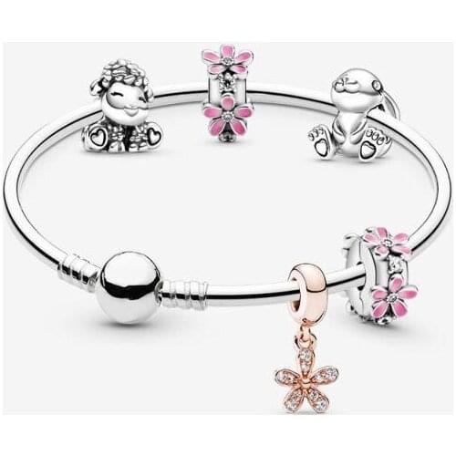 2020 New Fashion S925 Rabbit Nini, Pink Daisy Flower Clip, Springtime Friends Bangle Set RAU0704 Original Woman Jewelry Gift