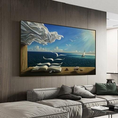 Famous Salvador Dali Oil Painting The Waves Book Sailboat Wall Paintings on Canvas Posters and Prints Modern Wall Art Pictures