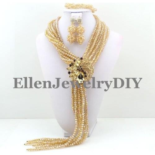 2019 Sale Womens Champagne Jewelry Crystal Beads Nigerian Wedding African Jewelry Set Earrings parure Free Shipping W9081