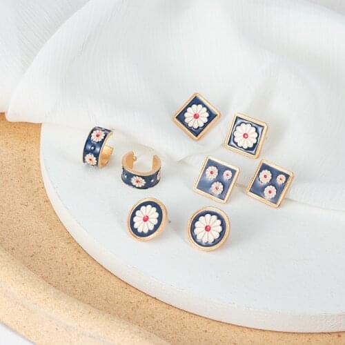 Korean Cute Vintage Flower Enamel Square Round Glaze Stud Earrings For Women Fashion Boucle d'oreille Brincos 2020 Jewelry
