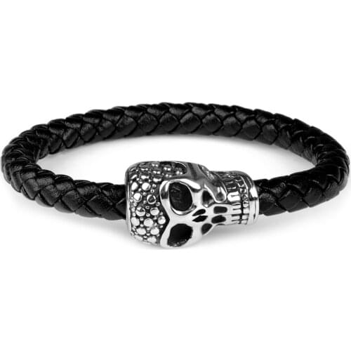 Skull Skeleton Head Braided Leather Bracelet Stainless Steel Magnetic Clasp Charm Punk Style Bangles Gifts For Men