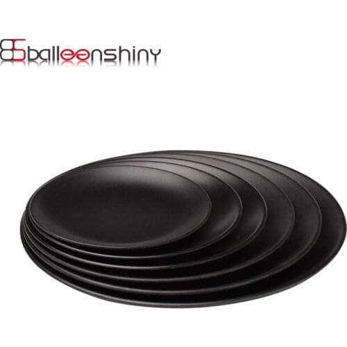 BalleenShiny Black Melamine Round Tray Dinner Plate Dishes Food Snacks Sushi Steak Dinner Plates Food Dessert Tea Tray Tableware