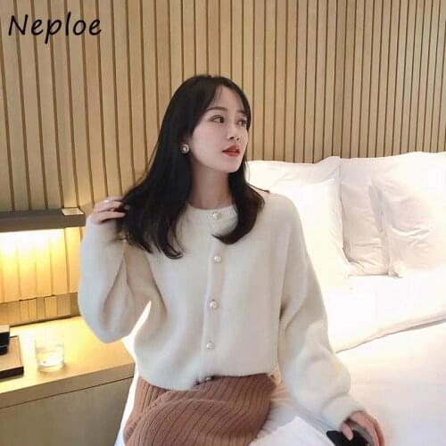 Neploe Fashion Chic Pearl Button Jacket Women 2021 Autumn New Ladies Sweater Round Neck Long Sleeve Single Breasted Cardigan