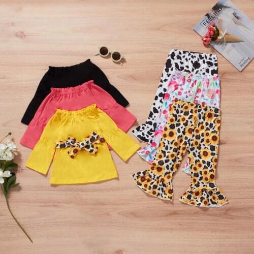 1-5Y Girls Fashion Clothing Sets Children Kids Baby Girls Bow Long Sleeve Tops+Printed Flare Pants Casual Clothes Outfits