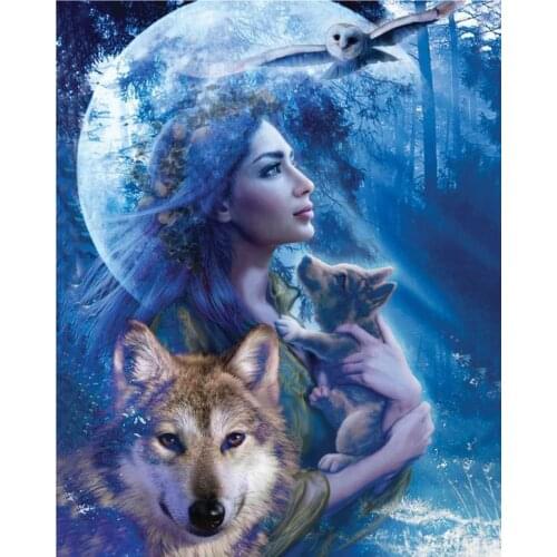 Moonlight goddess Wolf Animal For Embroidery Needlework 14CT Counted Unprinted DIY Cross Stitch Kits Handmade Art Wall Decor