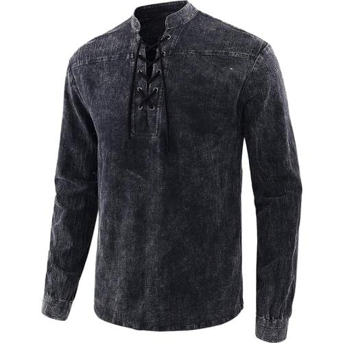 Mens Tie-dye Long Sleeved Tops Lace Up Stand-up Spring Casual Top Tops&tees Mandarin Collar Long Shirt V Neck bandage T shirts