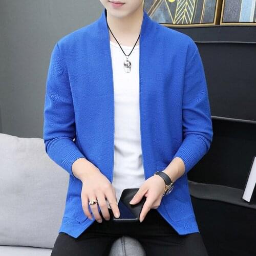 2021 Autumn New Mens Slim Fit All-Match Cardigan Sweater Teenagers Solid Color without Buckle Outerwear Sweater