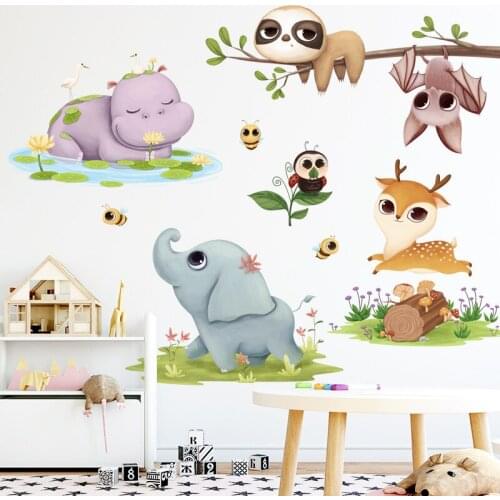 Cartoon Animal Wall Stickers Kids Room Nursery Wall Decoration Aesthetics Elephant Hippo Deer Bedroom Decor Nursery Wallstickers