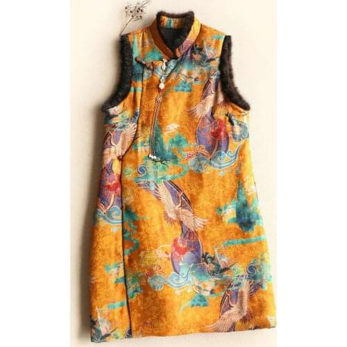 Autumn Winter Women Short Chongsam Print Flower Sleeveless Cotton Chothes Vestidos Chinese Style Stage Show Vintage Qipao 3XL