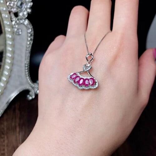 Natural red ruby gem pendant S925 silver Natural gemstone Pendant Necklace trendy Lovely Fan skirt women party gift jewelry