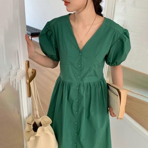 2021 New Women Summer Elegant Long Shirt Dress Sashes V Neck Puff Sleeve Single Breasted Maxi Sundress Solid Color