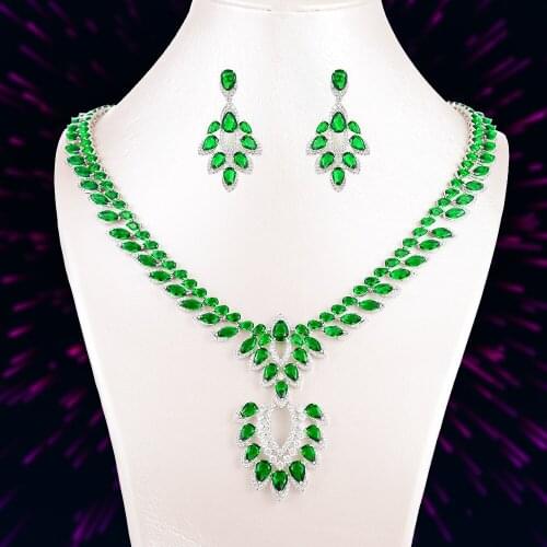 GODKI Luxury Noble Gorgeous Green Crystal Pendant Necklace+Dangle Earrings Jewelry Set for Women Bridal Wedding Jewelry Sets