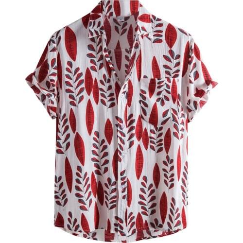 55# Tropical Button Shirts For Men Hawaii Blouse Cotton Leaves Print Short Sleeve Shirts Summer Casual Tops Camisas Hombre