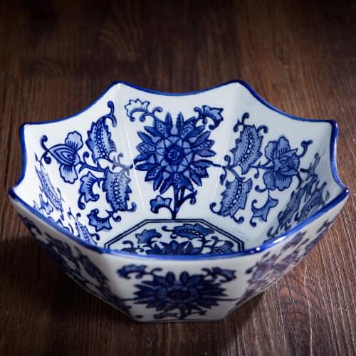 Octagon Hand Painted Blue and white porcelain serving bowl vintage Fruit Bowl
